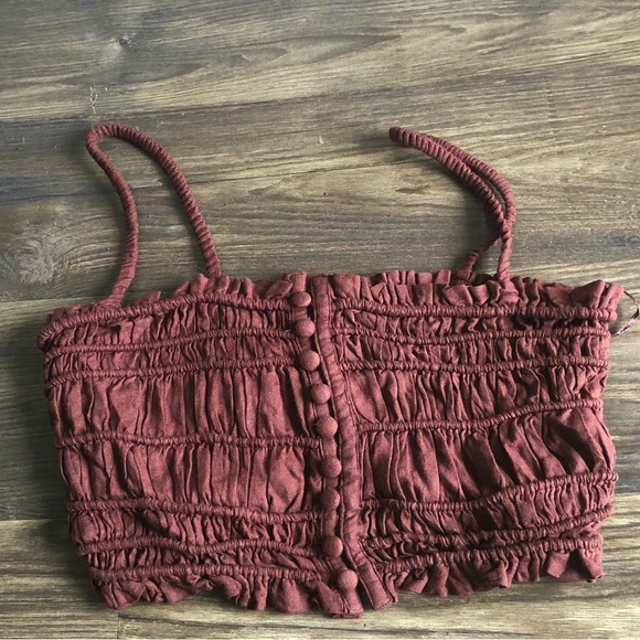 NWT Urban Outfitters Chelsea Linen Blend Smocked Ruched Crop Top Tank Brown - Picture 2 of 12